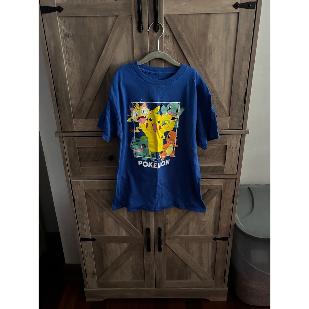 Pokemon Boys Blue T-Shirt Pikachu Squirtle Bulbasaur Charmander Meowth Size L